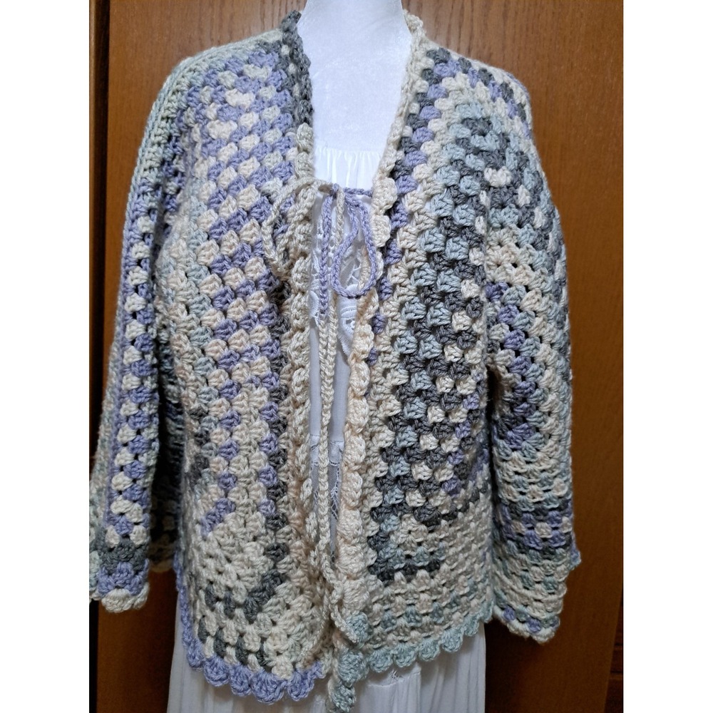 Women Handmade Crochet Hexagon Cardigan Sweater Open Front L Large Long Sleeve